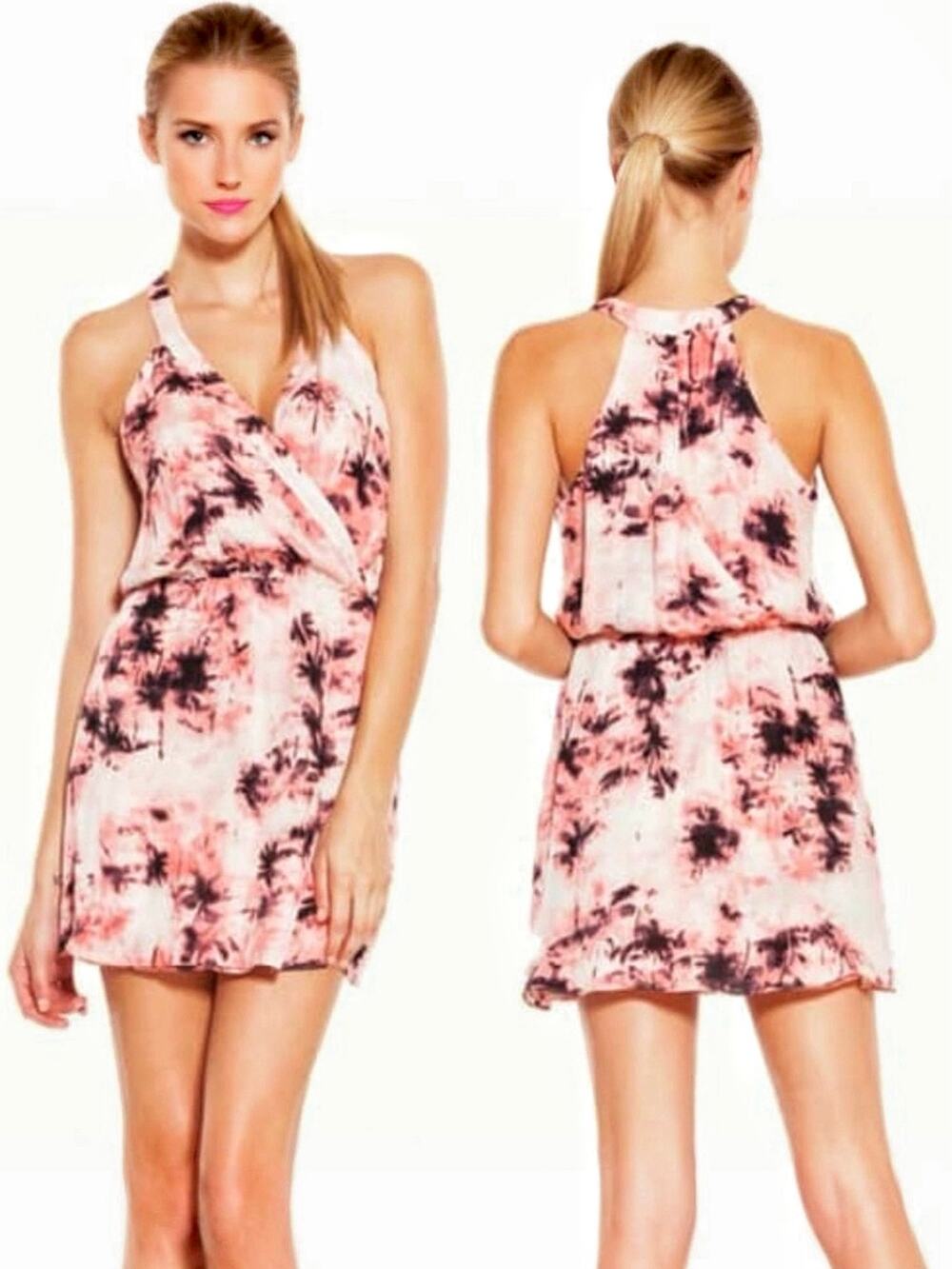 Parker 100% Silk Halter Mini Dress Pink Palm Print Tropical Resort Vacation Med
